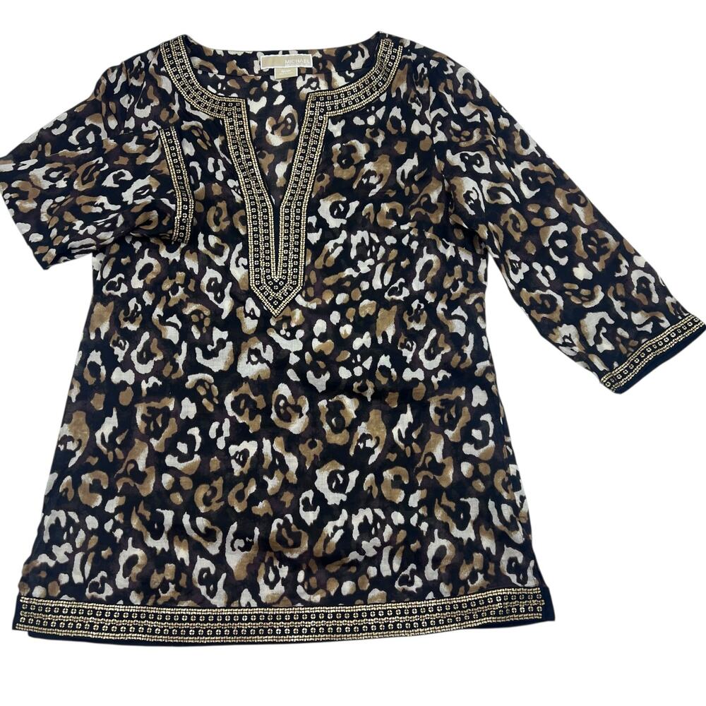 Michael Kors Womens Boho Leopard Long Sleeve Sheer Cotton Sequin Tunic Sz S